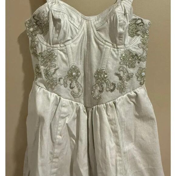 Free People Janelle Bubble Dress Denim Beaded Romper 0 NWT - Picture 7 of 11